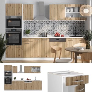 Vicco R-Line Küchenzeile 300cm in Artisan Eiche/Weiß mit Hochschrank in Anthrazit.