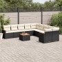 Schwarze vidaXL Garten-Sofagarnitur aus Polyrattan mit cremefarbenen Kissen und Akazientisch.