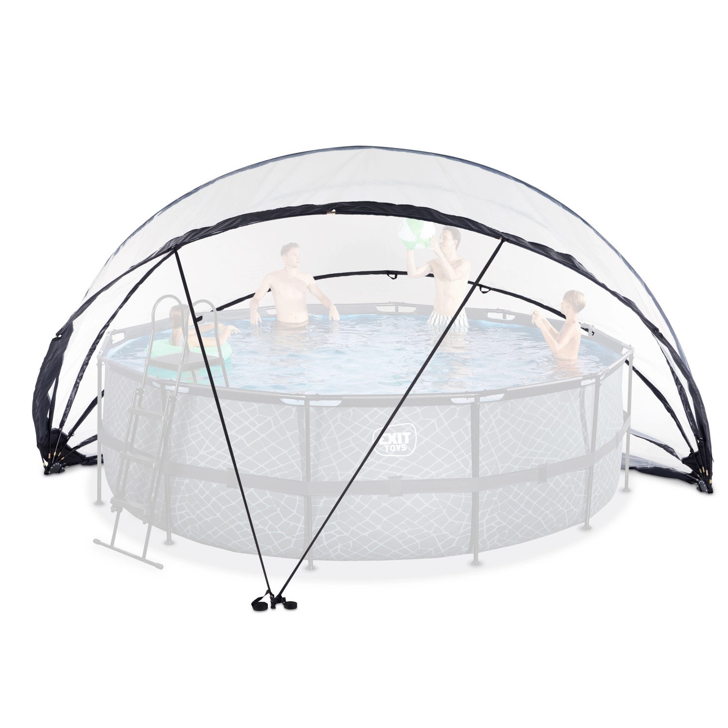 Exit Pool Abdeckung ECO Ø 550 cm: Transparente Poolüberdachung mit schwarzem Rahmen über einem Pool mit Badenden.
