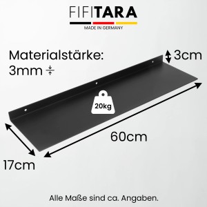 Schwarzes FIFITARA Wandregal, 60cm, aus Stahl, zur Wandmontage als Bücherregal oder Schweberegal.