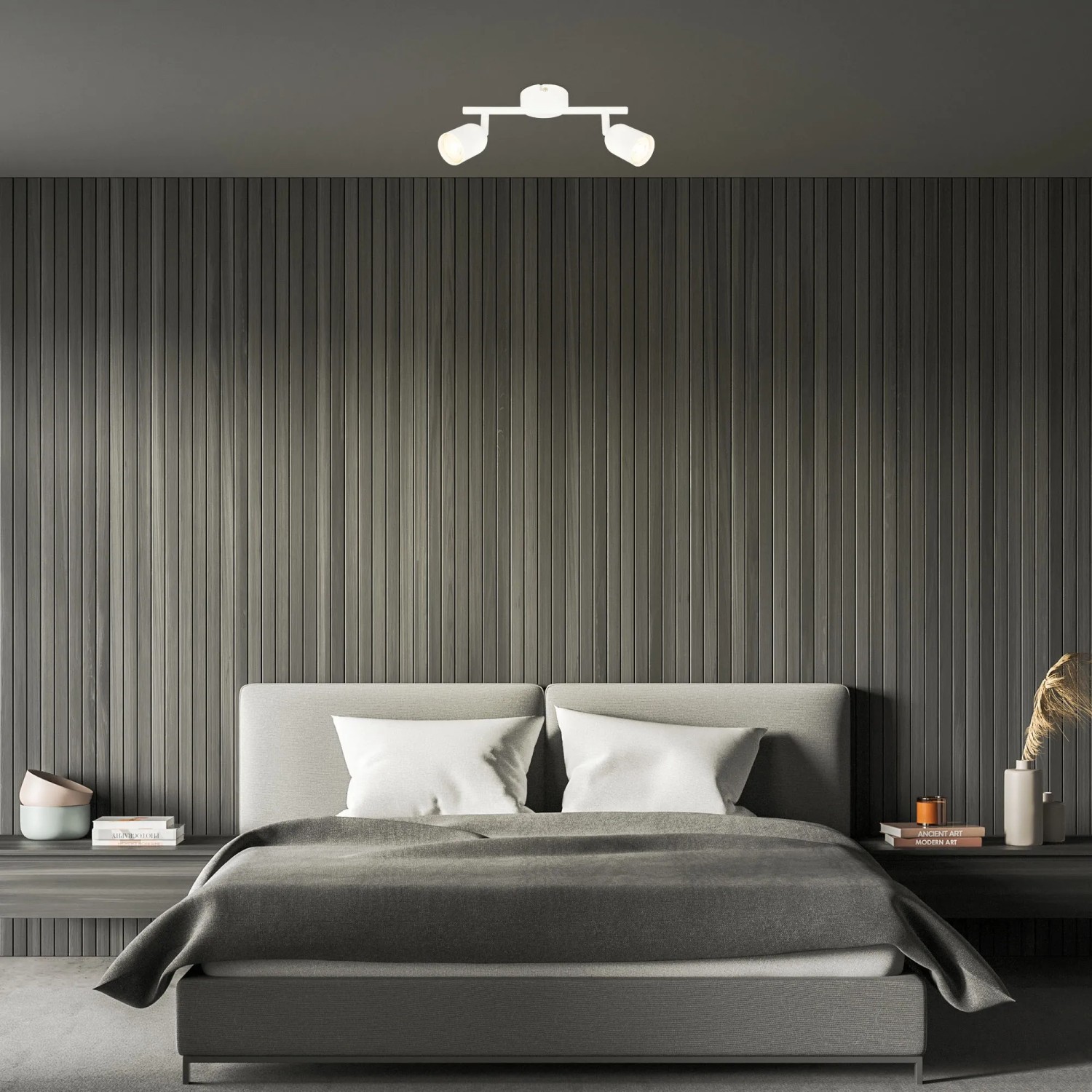 Weiße Brilo Deckenleuchte Tabo, 2-flammig, schwenkbar, im Schlafzimmer.