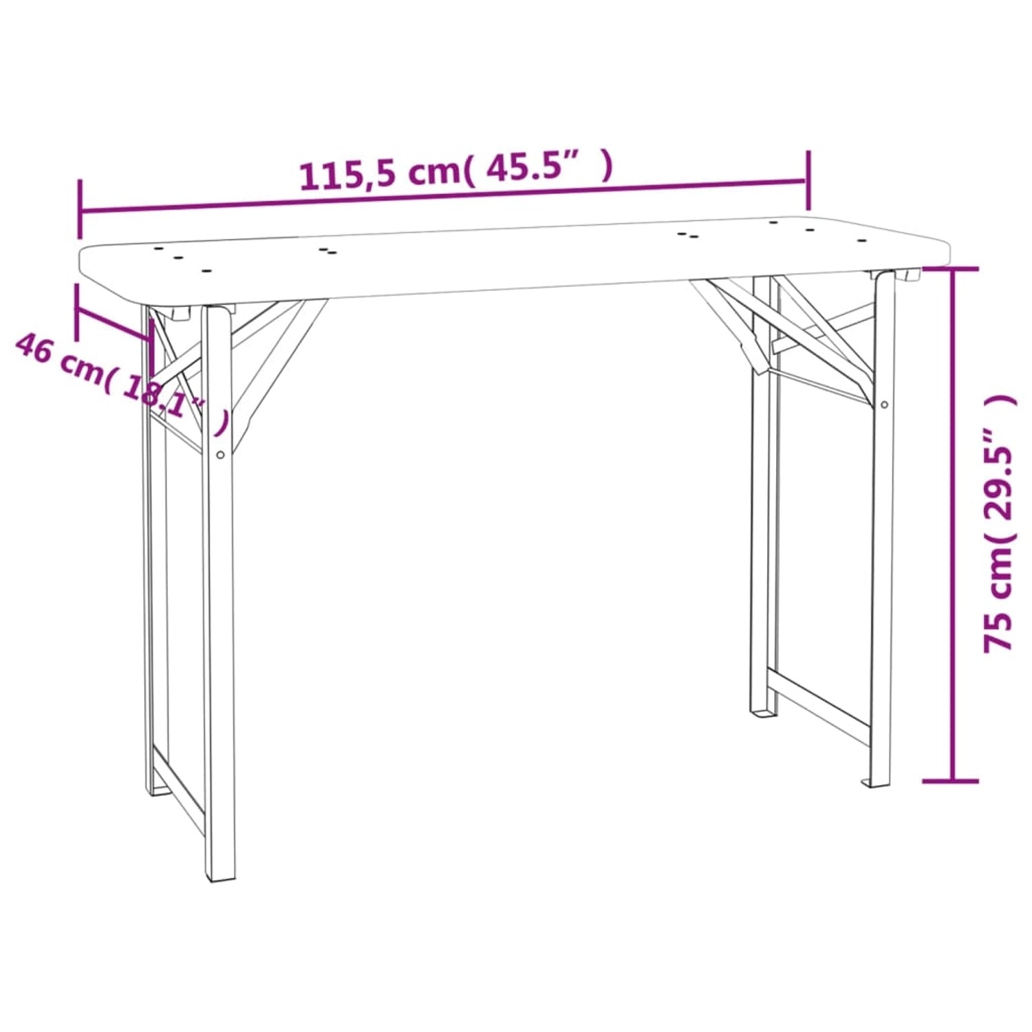 Skizze: Klappbares Biertisch-Set aus Tannenholz, Maße eingeblendet, ideal für Garten & Camping.