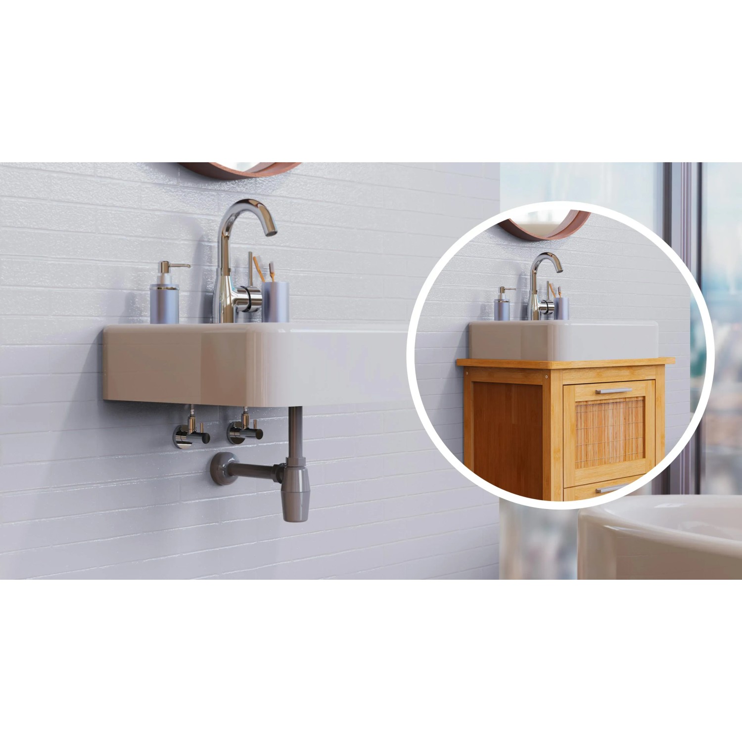 Grauer Kirchhoff Tassensiphon Eco Save aus recyceltem Kunststoff unter einem Waschbecken.