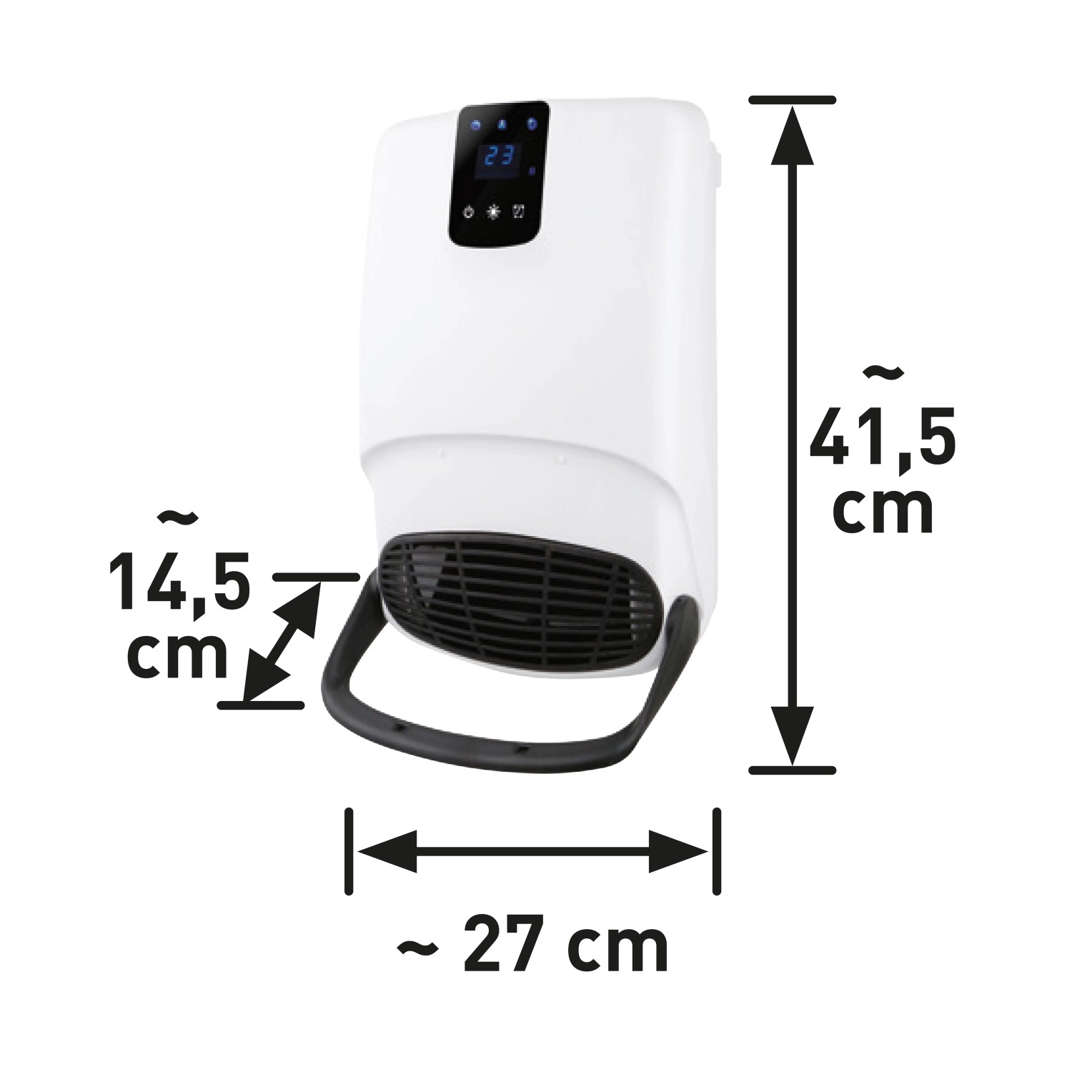 Weißer Bad-Heizlüfter Sula 2.000 W mit LCD-Display und Maßen zur Wandmontage.