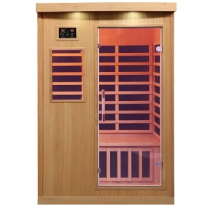 Canadian Spa Infrarotkabine Tremblant für 2 Personen, aus Hemlockholz mit Glastür und LED-Beleuchtung.