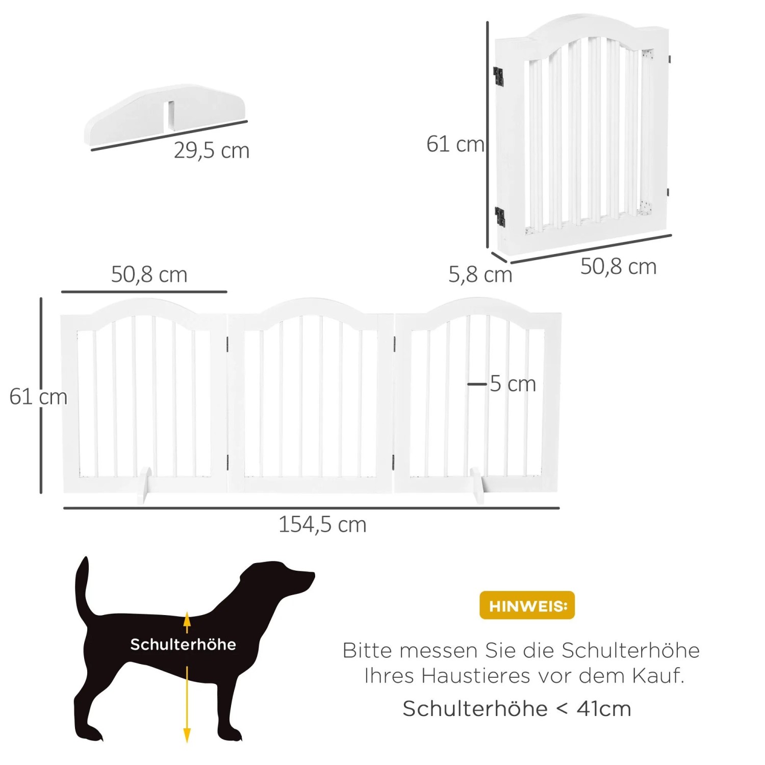 Weißes PawHut Absperrgitter 3-teilig, 154,5x61 cm, mit Maßen und Hinweis zur Schulterhöhe für Hunde.