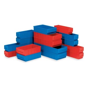 Stapel mit blauen und roten PROREGAL Industrieboxen, 6 Liter ESD Sortimentskästen.