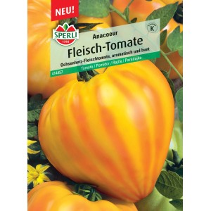 Samenpackung Sperli Fleischtomate Anacoeur, Ochsenherz-Tomate in Gelb- und Rottönen.