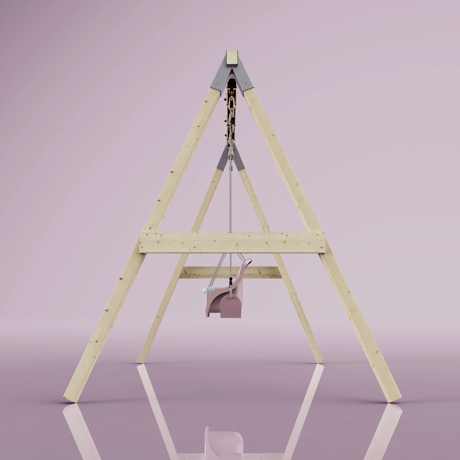 PolarPlay Schaukel Papagei in Altrosa mit Holzgestell für Spiel & Spaß im Garten.