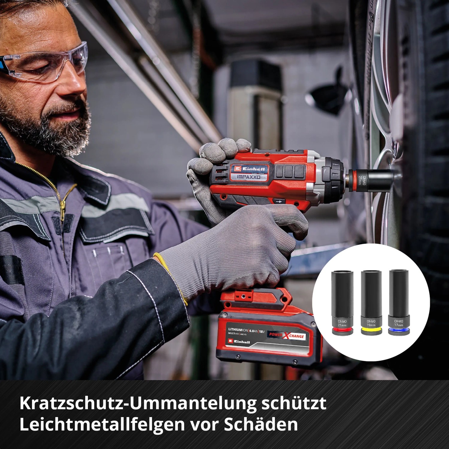 Einhell KFZ Impact Stecknuss Bit Set im Einsatz mit Schlagschrauber und Stecknüssen.