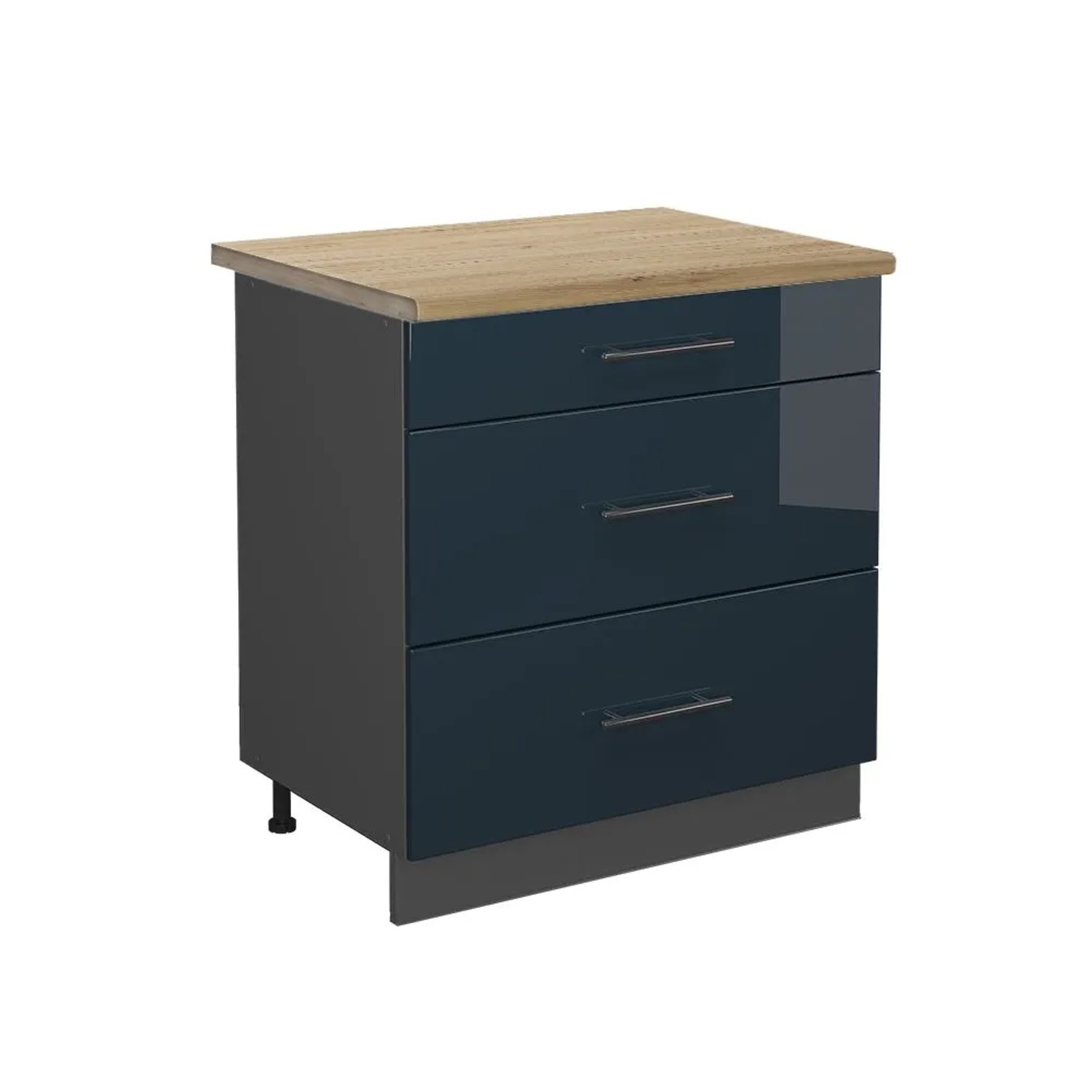 Vicco Küchenunterschrank Fame-Line DunkelBlau Hochglanz Anthrazit 80 cm mit 3 Schubladen AP Eiche