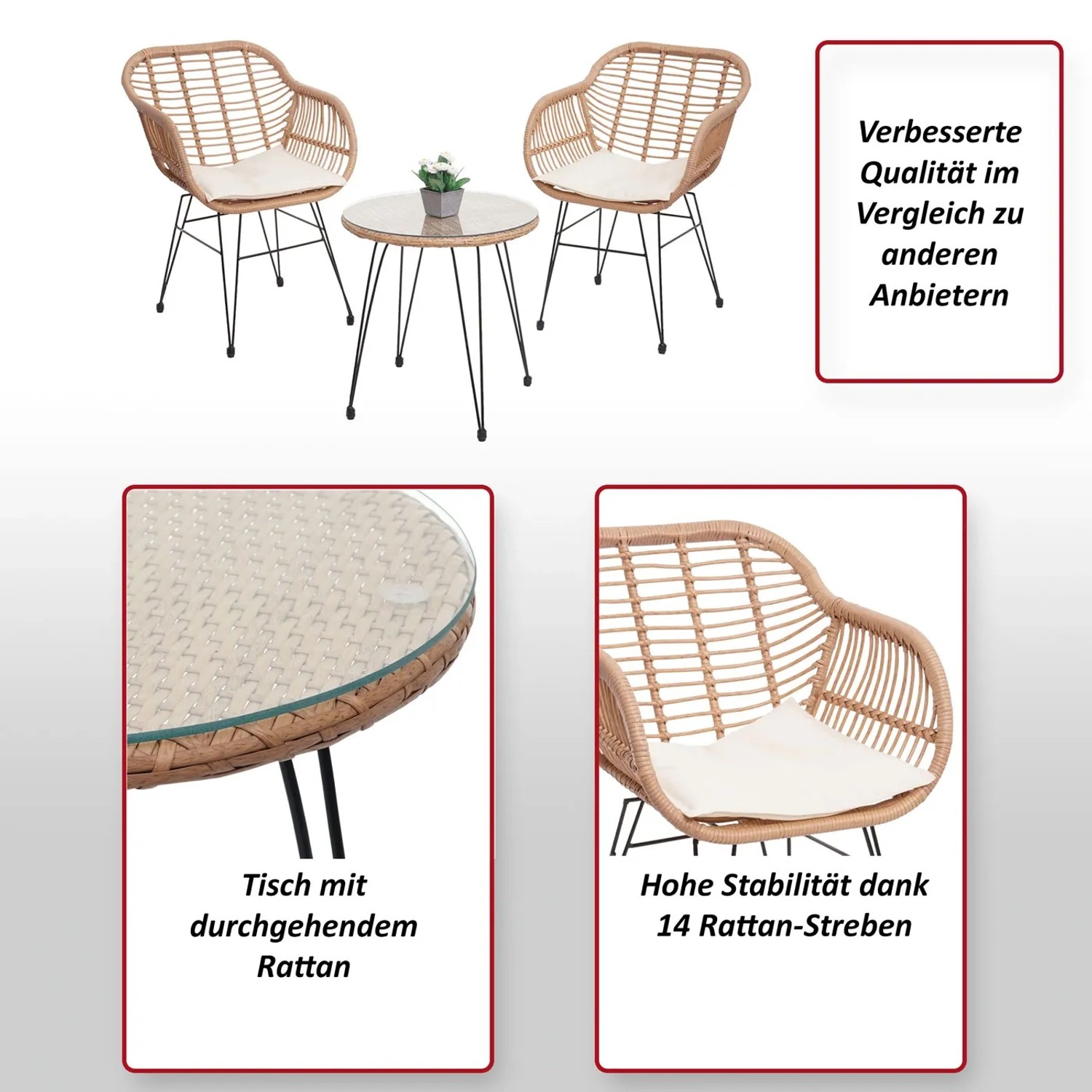 3-teilige Poly-Rattan Lounge-Garnitur in Natur mit creme Kissen. Sessel und Tisch für Garten, Balkon.