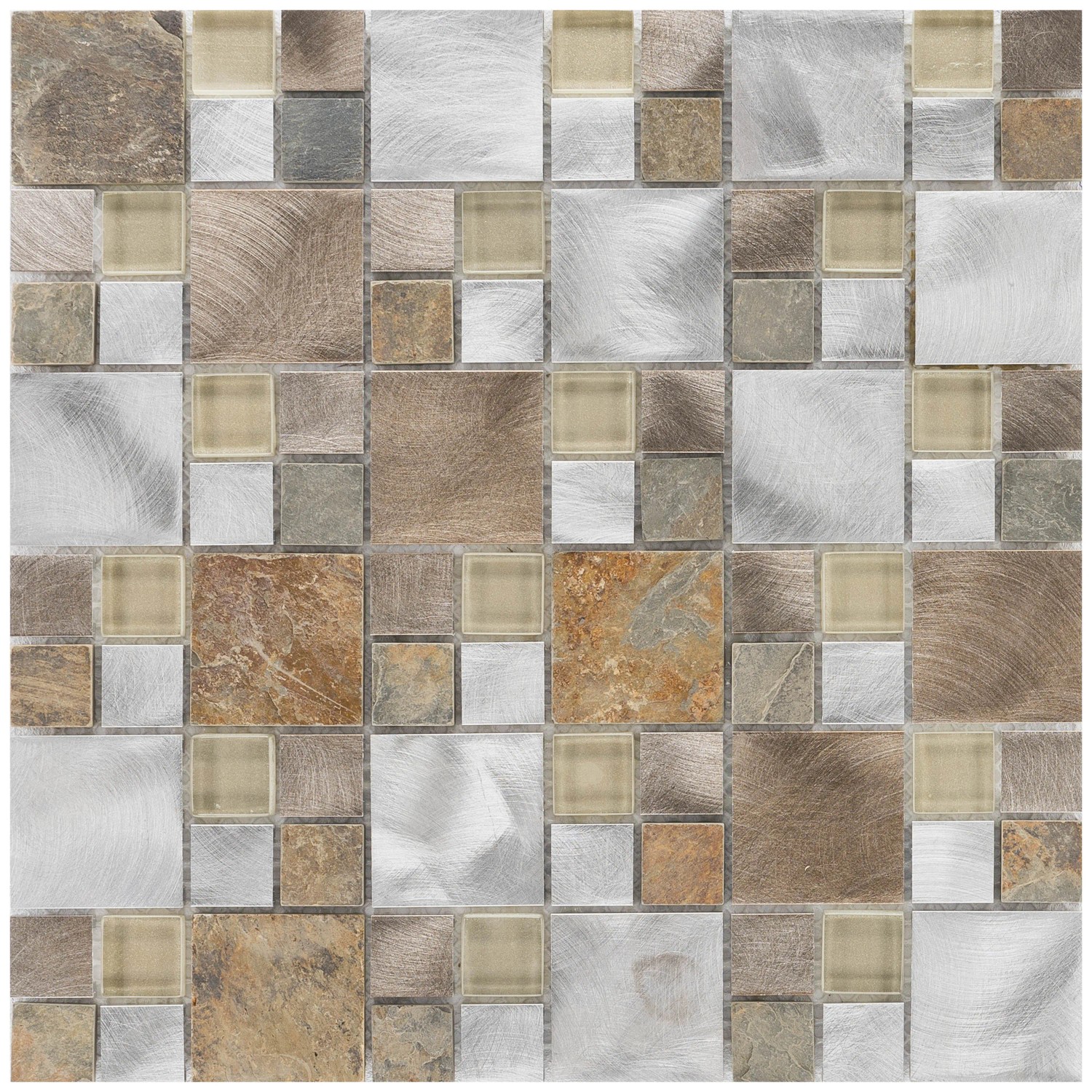 Mosaikfliese Silver Slate Beige Grey, Glas & Aluminium, 30x30 cm. Mix aus Glas-, Stein- und Metalloptik.