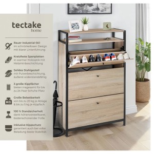 Tectake Schuhschrank im Industrial Style mit Kippfächern und Ablagen in Holz Hell Eiche Sonoma Optik.