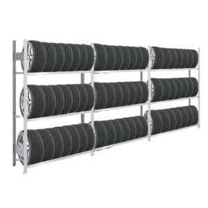 Verzinktes PROREGAL Reifenregal Tire Pro mit 3 Ebenen, beladen mit Reifen.