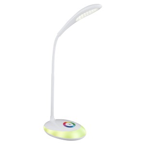 Weiße LED-Tischleuchte Minea mit Flexarm und Farbwechsler für den Schreibtisch.