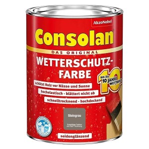 Dose Consolan Wetterschutzfarbe, Steingrau, seidenglänzend. Holzfarbe für Aussen, bis 10 Jahre Wetterschutz.