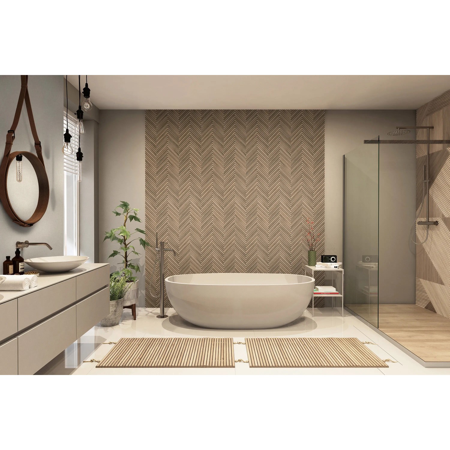 Modernes Badezimmer mit brauner Marburg Vliestapete in Holzoptik mit Fischgrätmuster.