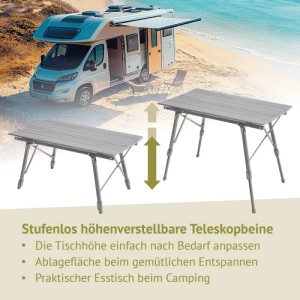 Silberner Aluminium Campingtisch, höhenverstellbar mit Teleskopbeinen, im Camping-Umfeld. Ideal als Gartentisch.