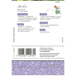 Zucchini Black Beauty Saatgut-Packung mit Produktinformationen für den Anbau von dunkelgrünen Zucchini.