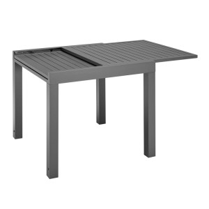 Ausziehbarer, grauer Juskys Gartentisch Laki 80x80 cm aus Aluminium, teilweise ausgezogen.