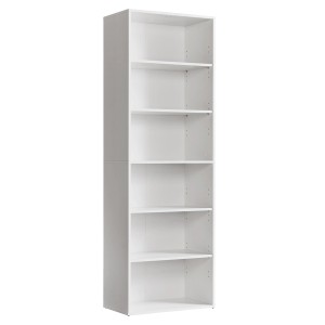 Weißes mokebo Holzregal, 180 cm hoch, mit sechs Fächern als Aufbewahrungsregal.