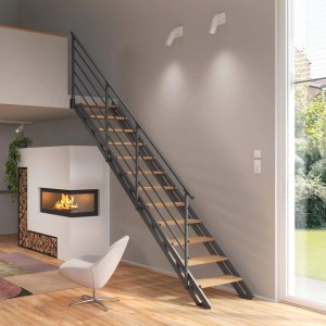 Treppen Intercon Raumspartreppe London Stahlwangentreppe Lava-Anthrazit mit Stufenbreite 50 cm Buche Hell Beidseitiges Geländer 13 Stufen