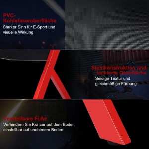 Detailansicht Costway Gamingtisch: Carbon-Oberfläche, Stahlrahmen, verstellbare Füße.