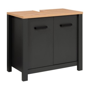 Veneto Waschbeckenschrank Anthrazit 70 cm mit zwei Softclose-Türen, Holzoptik-Platte und U-Ausschnitt für Bad.