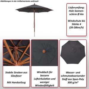 Runder Gastronomie Holz-Sonnenschirm Anthrazit Ø4m mit Seilzug, Winddach und stabilen Glasfaserstreben.