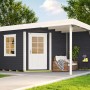 Modernes, lasiertes Holz-Gartenhaus mit Flachdach und überdachter Terrasse. Ideal als Geräteschuppen oder Freizeithaus.