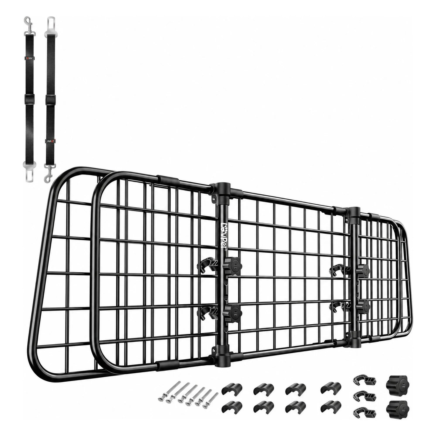 LOVPET Hundegitter Auto Verstellbar 92 Bis 152 cm mit 2 Gurten Schwarz