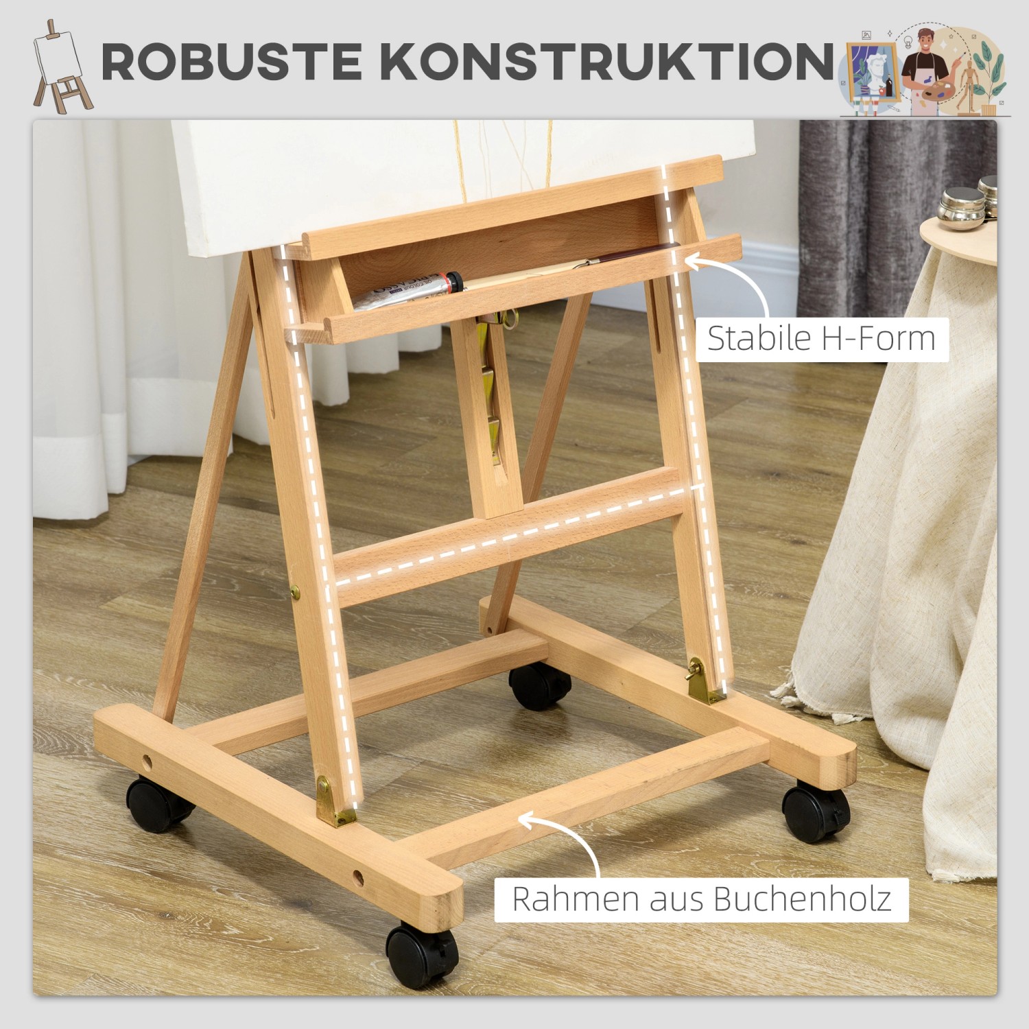 Klappbare Vinsetto Staffelei aus Buchenholz mit Halterung und Rollen, höhenverstellbar.