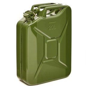 Olivgrüner 20L Metall Kraftstoffkanister mit Ausgießer für Pannenhilfe.