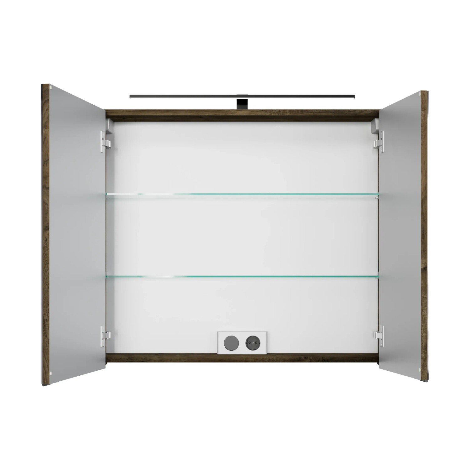Offener Pelipal Spiegelschrank Quantum 07, Eiche Ribbeck Quer, mit LED-Leuchte und Glaseinlegeböden.