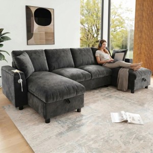Graues Merax U-Sofa aus Chenille mit Recamiere, USB-C Anschluss und Hocker im modernen Wohnzimmer.