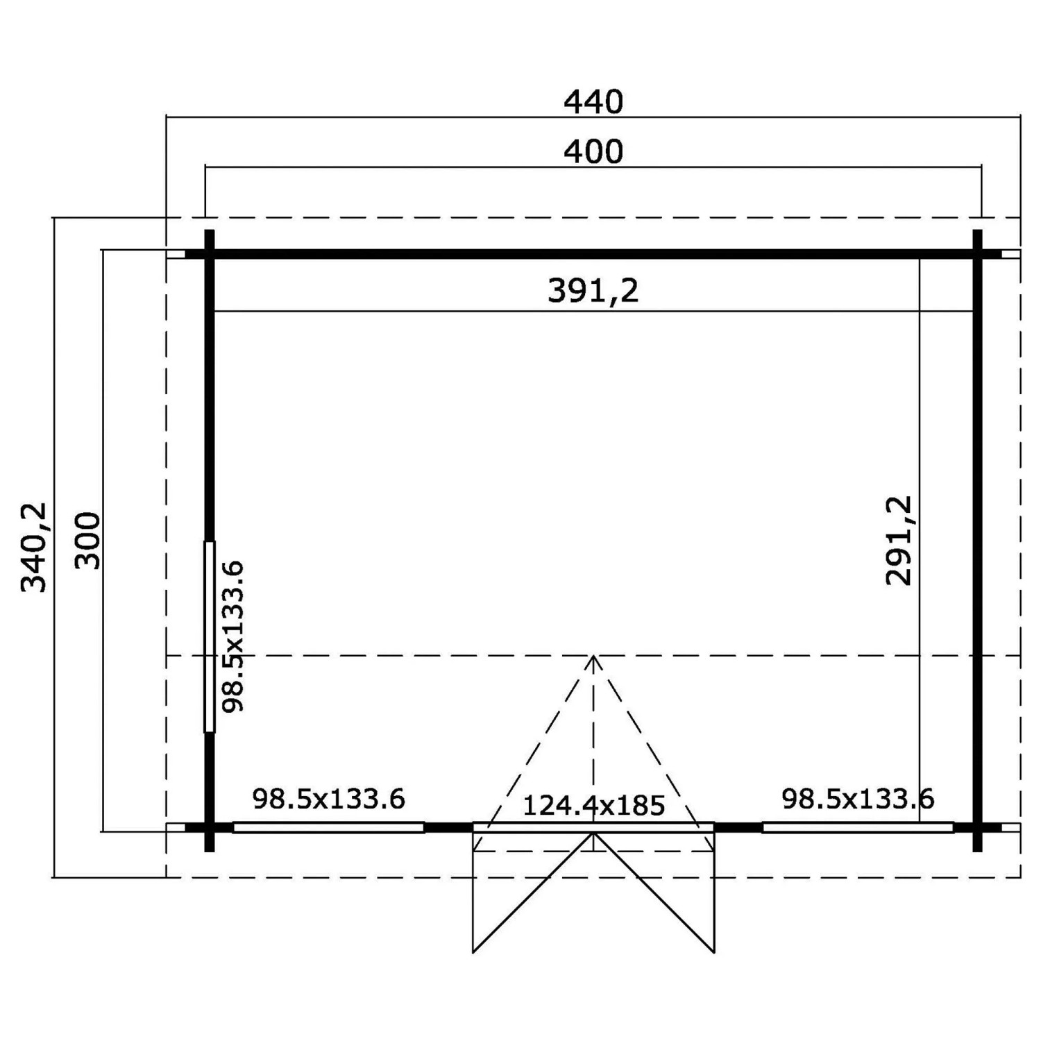 Grundriss Gartenhaus Lasita Windsor 44: 400x300 cm, Grau-Grün. Abmessungen und Details für Planung.