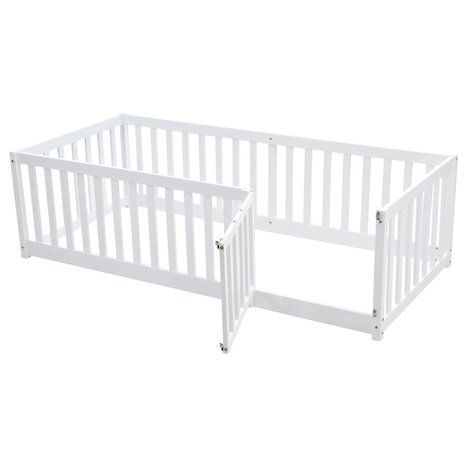 KOMHTOM Kinderbett 90x200Cm Holzboden Bettrahmen Mit Zaun Und Tür Weiß Ohne Matratze