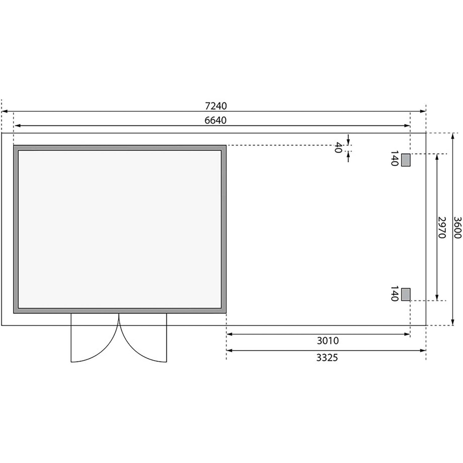 Grundriss Karibu Holz-Gartenhaus Karlskoga 4 Terragrau, Maße und Anordnung von Haus und Anbau.