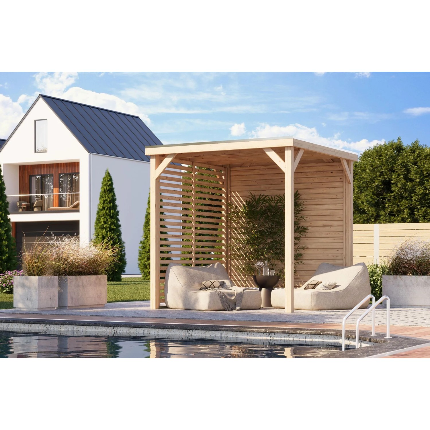 Karibu Pavillon Kvadrat aus naturbelassenem Holz mit Lounge-Möbeln am Pool.