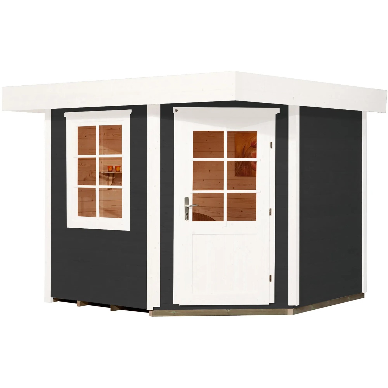 Modernes, anthrazitfarbenes Weka Holz-Gartenhaus mit Flachdach, Fenster und Tür.
