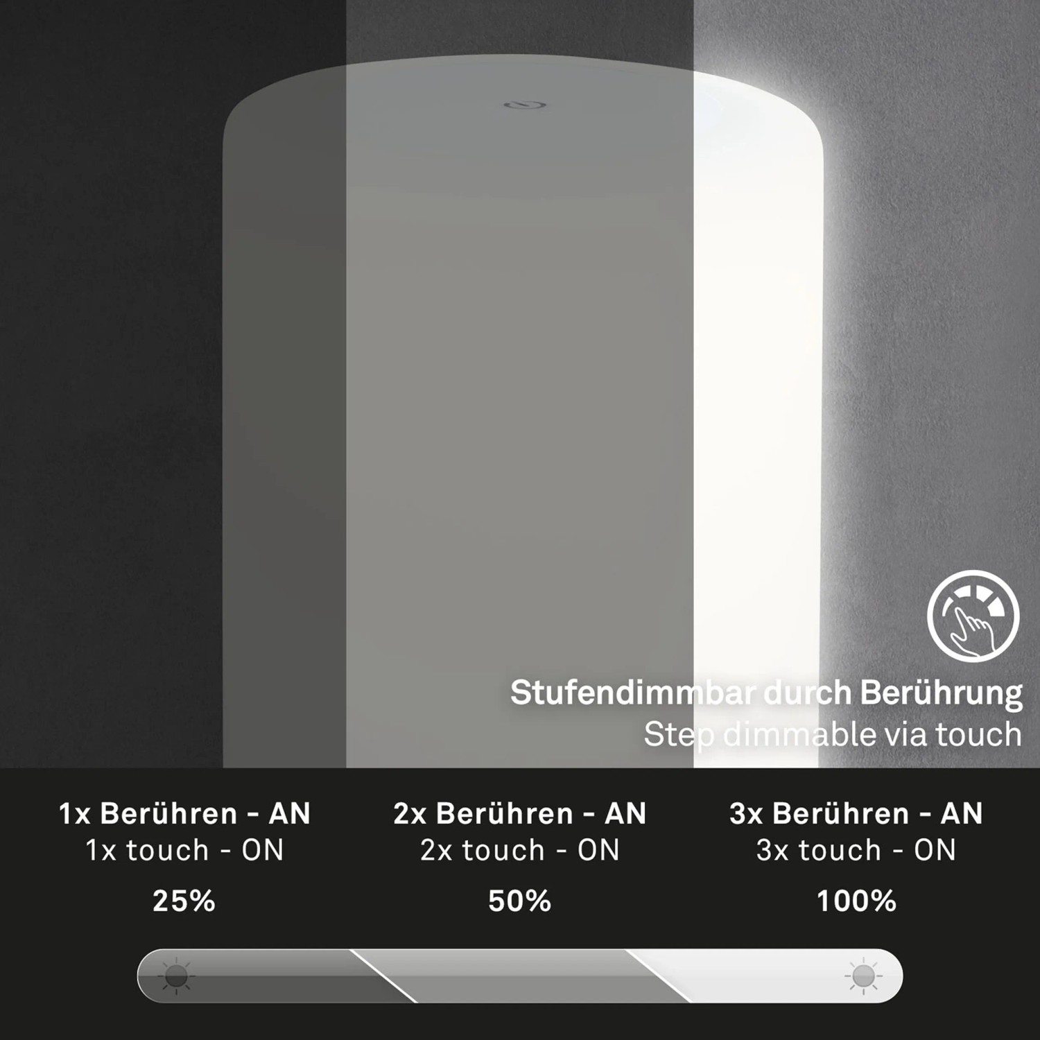 Brilo Akku-Tischleuchte Lama: Dimmfunktion per Touch in 3 Stufen (25%, 50%, 100%)