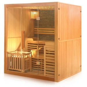 Finnische Sauna Dewello Sarnia Plus aus Hemlockholz mit Harvia Ofen und Aufguss-Set.