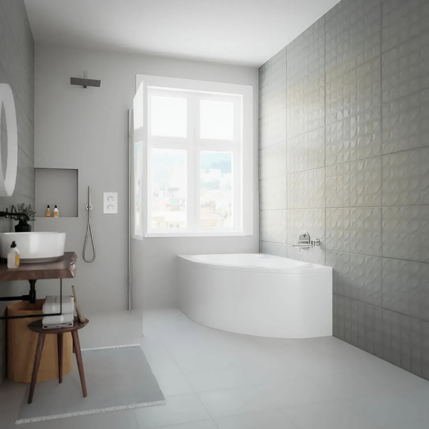 Weiße Eckbadewanne MEGA 160x105 cm, linksseitig, aus Acryl mit Schürze in modernem Bad.