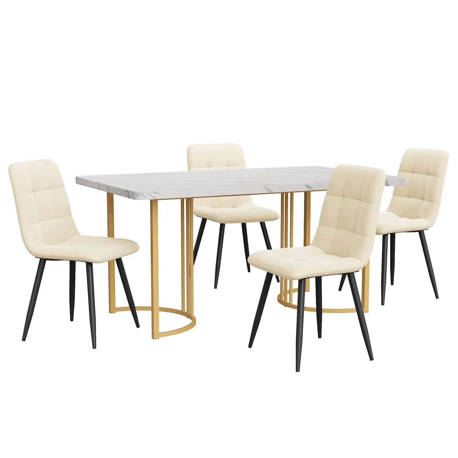 Merax Essgruppe 5-tlg mit 140x80cm Esstisch  4 Samtstühle Beige  MDF Tischplatte Weiß  Goldbeine