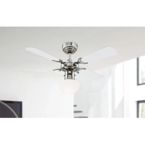 Westinghouse Deckenventilator Portland Ambiance Chrom, 90 cm, mit Leuchte und weißen Flügeln.