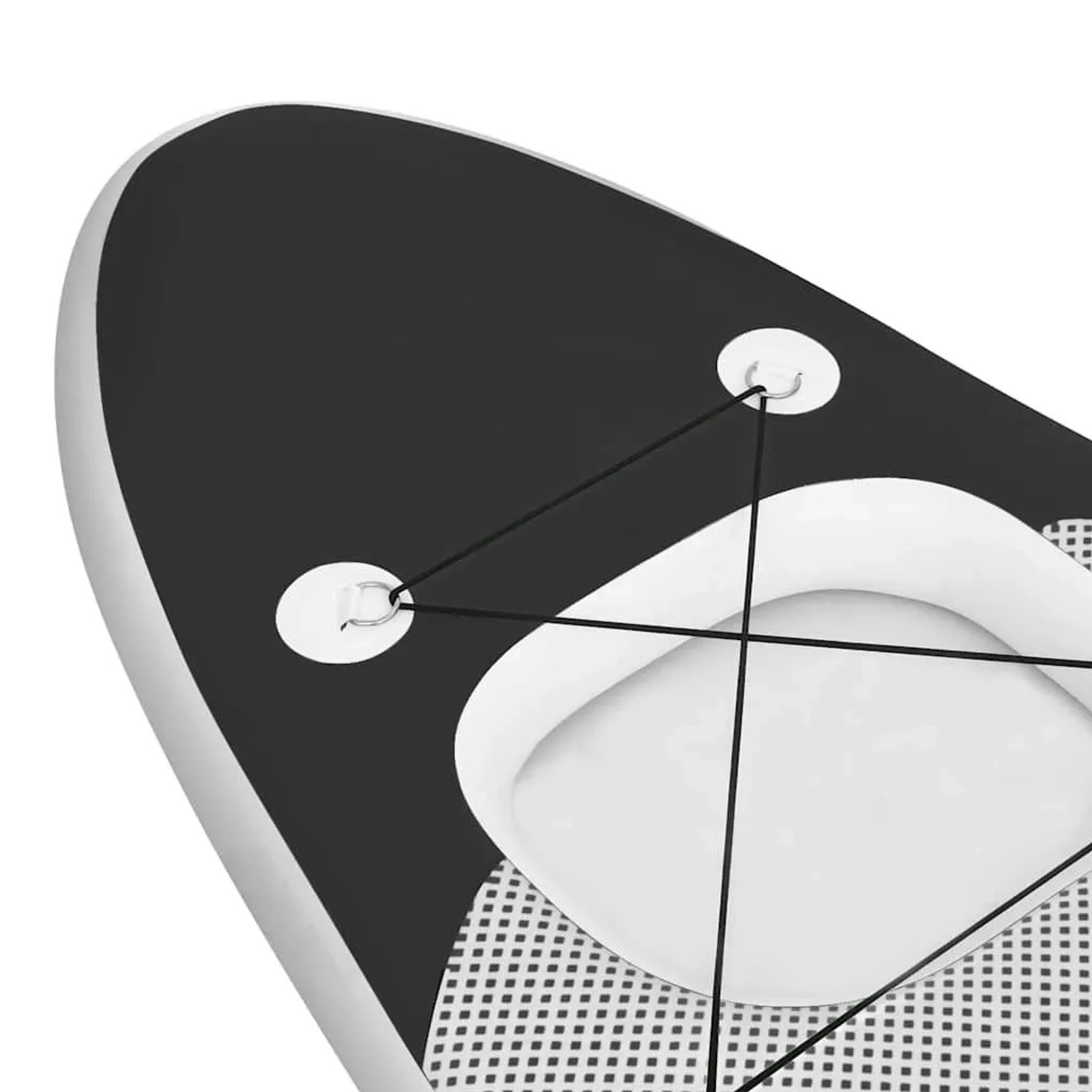 Detailaufnahme: Schwarzes, aufblasbares SUP-Board mit Sitzbefestigung und Gepäcknetz.