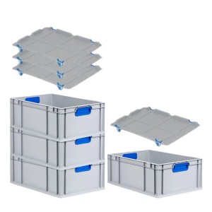 PROREGAL Spar Set: 4 Euroboxen mit Deckel, blau. Aufbewahrungsboxen aus Kunststoff, stapelbar.