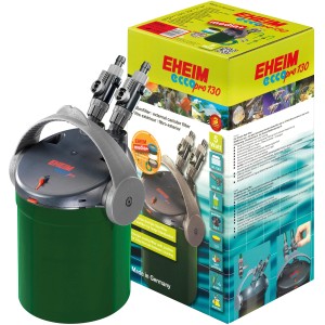 Eheim Ecco Pro 130 Außenfilter für Aquarien, mit grünem Filterbehälter und Zubehör im Karton.