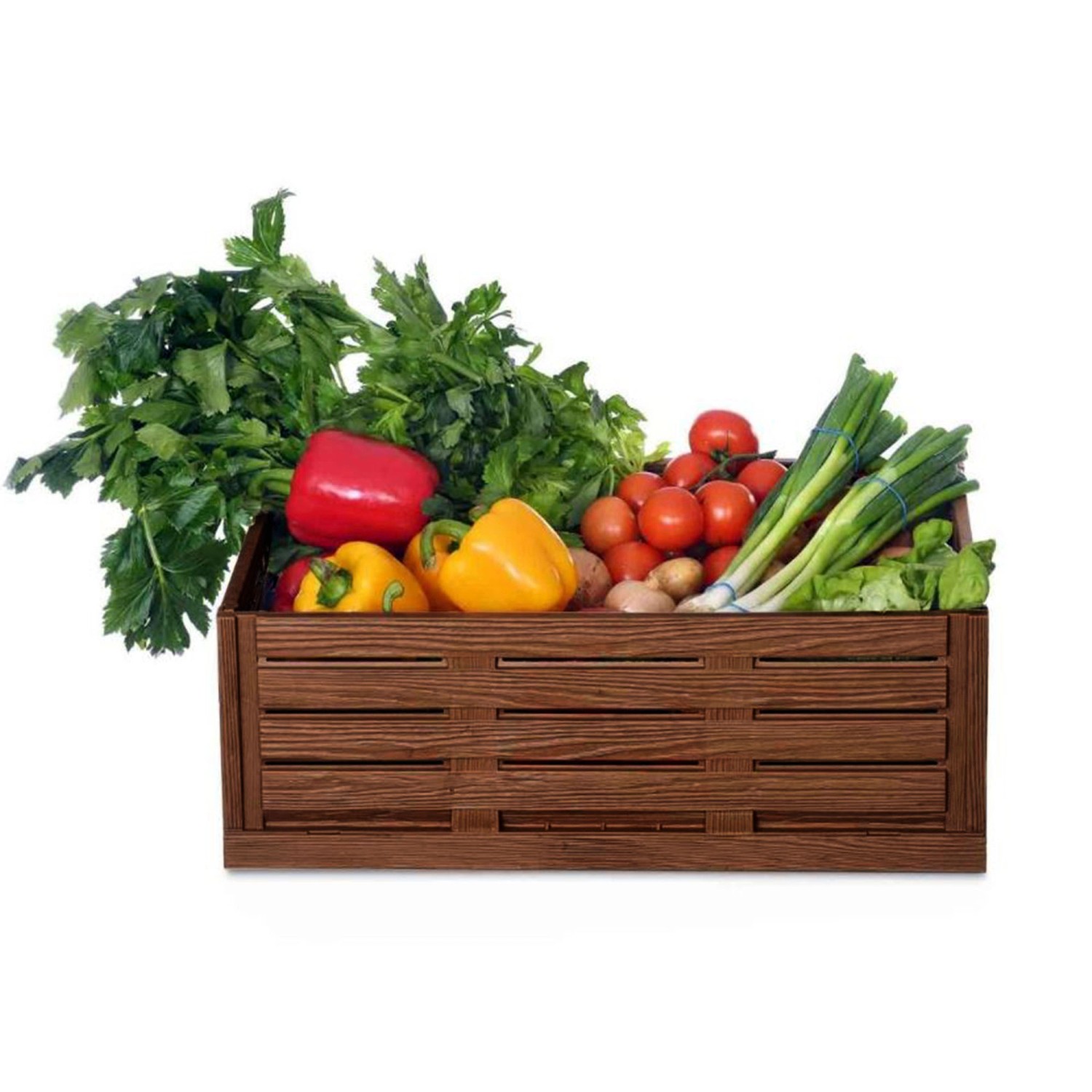 Faltbare Klappbox in Holzoptik (40x30 cm) gefüllt mit Gemüse.